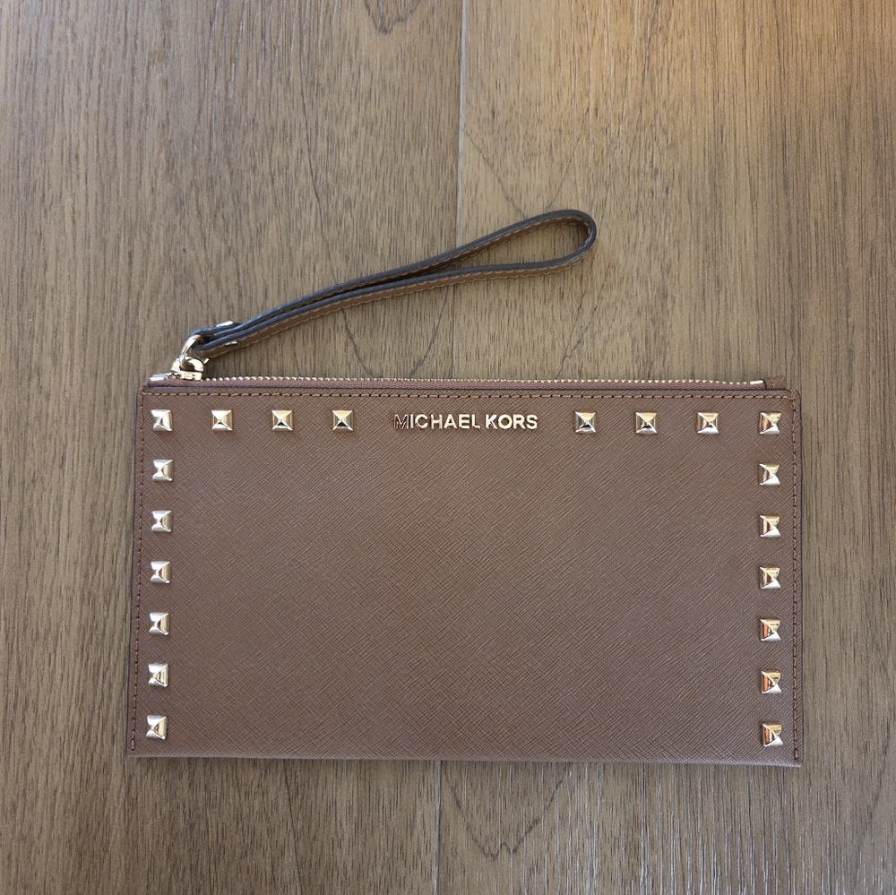 Michael Kors Brown Wristlet with Gold Studs